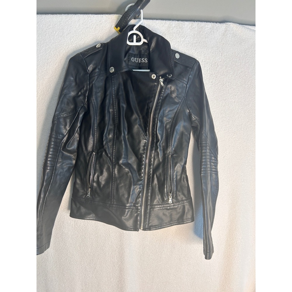 Guess Womens Black Faux Leather Moto Biker Jacket Asymmetrical Zip XS